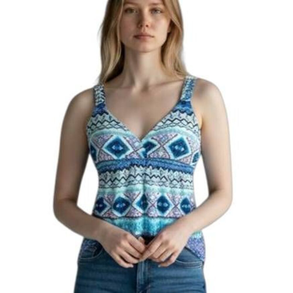 PINK ROSE AZTEC TEAL CROCHET BACK TOP SZ.M NWT.